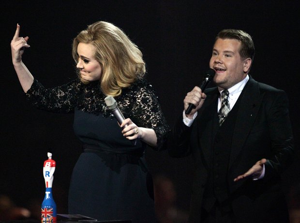 Adele and James Corden at the BRIT Awards 2012