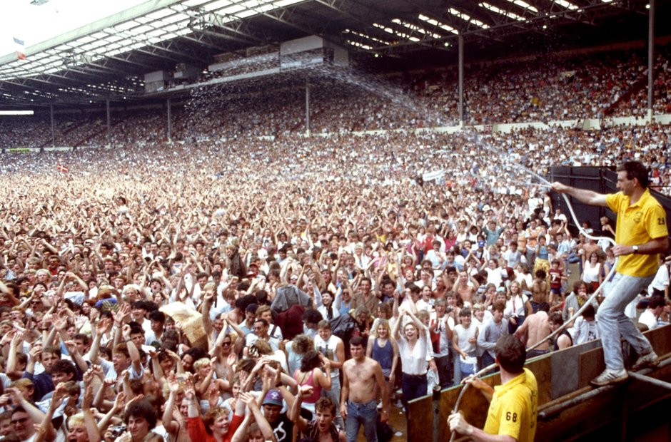 Live Aid Wembley Stadium - hosing down the crowds